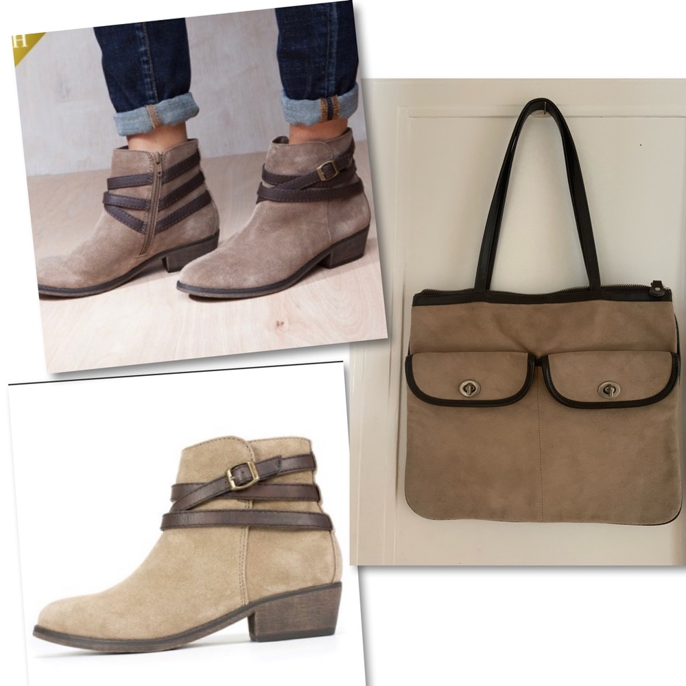 White Mountain Ankle Boots Taupe Tan Suede Leather Bootie Sz 9.5 w/Matching Bag